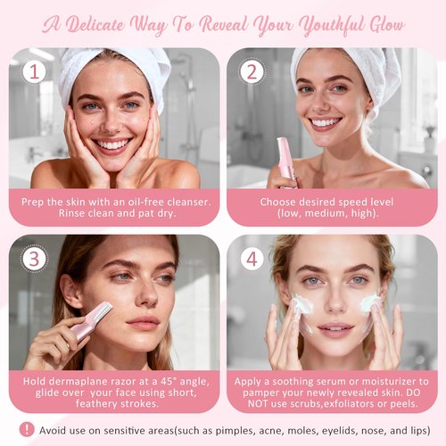 Sonic Dermaplane Razor for Women Face Beauty Eyebrow Trimmer, Exfoliation & Peach Fuzz Facial Hair Removal for Women, Electric Face Razors Shaver Epilator Anti-Aging 3 Speeds & 10 Refill Blades, Pink