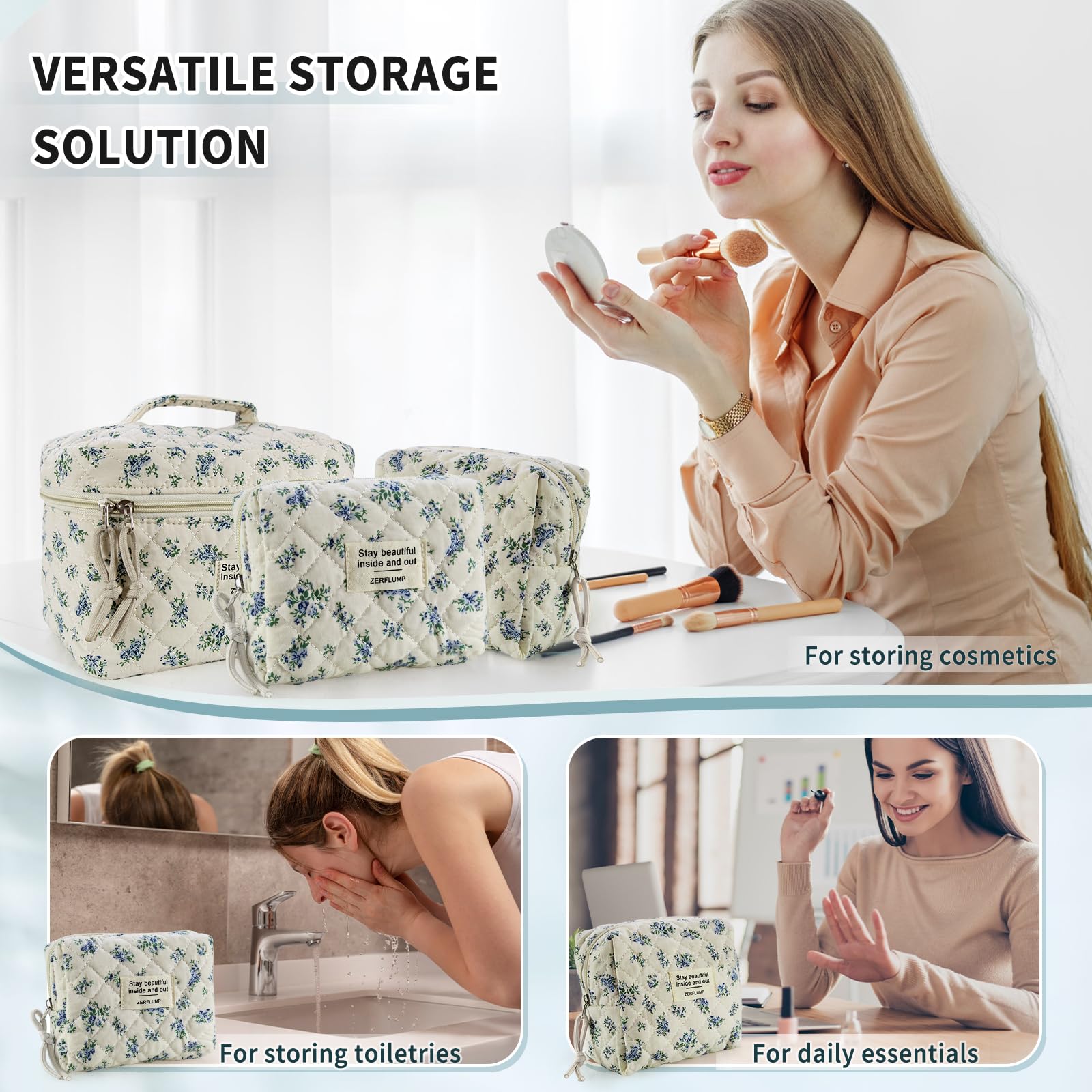 ZERFLUMP Cute Quilted Floral Makeup Bag(3Pcs)，Coquette Aesthetic Cosmetic Bag，Travel Toiletry Bags， Kawaii Aesthetic pouch for Women (4 - Little Blue Flower)