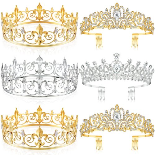 Juexica 6 Pieces Prom King Crown Metal Baroque King and Queen Prince Princess Crystal Headband Tiara Crown Wedding Bridal Accessories for Women Men(Gold, Silver, Elegant Style)
