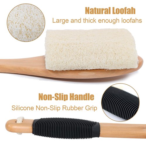 OWIIZI Back Loofah Scrubber Brush with Long Handle, Hard Loofa Sponge Body Bath Scrubber for Shower, Natural Luffa Skin Exfoliating On a Stick for Men Women Elder