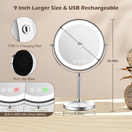SLIMOON 9" Large Lighted Makeup Mirror, 1X/10X Magnifying Makeup Mirror with 3 Colors Dimmable Lightning, 80 LED Lights, 360°Rotation Double Sided Standing Vanity Mirror