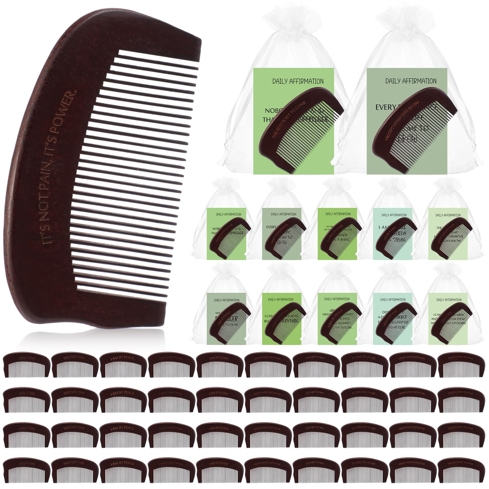 Yiyiring 40 Sets Birthing Comb for Labor Pain Labor Combs with Affirmation Card for Pregnant Women Wooden Engraved Stress Bitrh Relief Comb for Delivery Support Relief Self Care