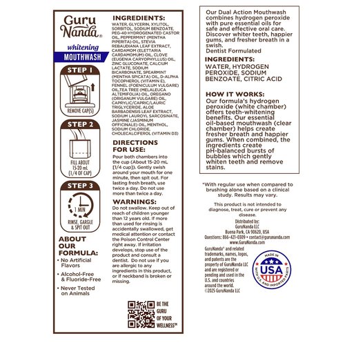GuruNanda Teeth Whitening Dual Barrel Oxyburst Mouthwash - Alcohol & Fluoride Free, Hydrogen Peroxide to Promote Whiter Teeth - Wild Mint - 32 Fl Oz