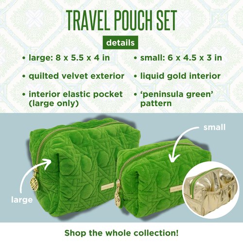Lilly Pulitzer Gold Quilted Zipper Pouches, Cute Cosmetic Case for Women, Travel Toiletry Bag, Small Pouch Bag for Supplies, Set of 2, Makeup or Toiletries (Peninsula Green)