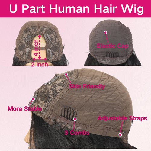 BYYASAA U Part Human Hair Wig Body Wave U Part Wig Human Hair for Black Women Glueless Wigs Human Hair Clip Natural Hair Wig Beginner Friendly Middle Part 180% Density 14 inch