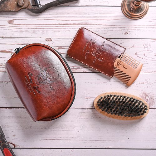 Menesia Beard Brush and Comb Set, Boar Bristle Hair Beard Brush Kit with Small Leather Travel Toiletry Bag Case for Men, Include Men's Wooden Mustache Comb