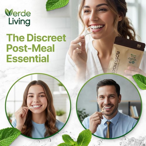Verde Living Double Thread Biodegradable Floss Picks (200-Count) - Mint Flavoured Eco-Friendly Plant-Based Dental Flossers for Tight Teeth - Plastic-Free Floss with Ergonomic Design for Sensitive Gums