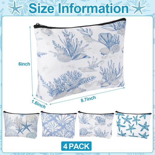 Sunnymove 4 Pack Coastal Cosmetic Bags Beach Themed Gifts Starfish Seashell Conch Coral Makeup Pouches Zippered Travel Toiletry Bags for Women Beach Summer Trip Organizer Set(Fresh)