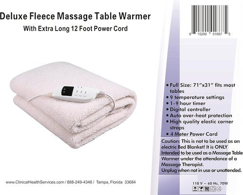 Skiennix Deluxe Fleece Massage Table Warmer - 12 Foot Power Cord | Safe Temperature Up to 88°F