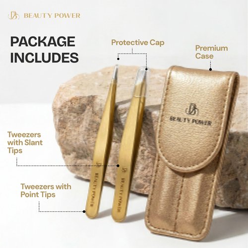 Beauty Power Professional Tweezers Set – Slant & Point, Ultra Precision German Stainless Steel Tweezers for Eyebrows, Chin, Ingrown Hair & Facial Grooming – Lightweight with Case - Gift Idea - Gold