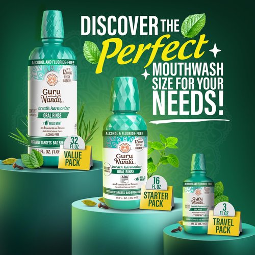 GuruNanda Fresh Breath Mouthwash, ADA-Accepted, Alcohol & Fluoride-Free, Sodium Chlorite, Essential Oils & Vitamins, 12-Hrs Fresh Breath, Wild Mint, 16 oz - 2 Pack
