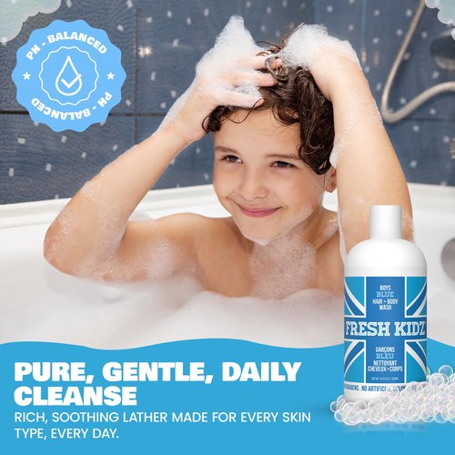 Fresh Kidz Hair & Body Wash 16.9 fl.oz. and 2 Roll On Deodorants 1.86 fl.oz. for Kids and Teens - Boys Blue Set