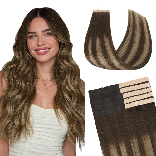 GOO GOO Tape in Hair Extensions Human Hair, 4/27/4 Balayage Chocolate Brown to Caramel Blonde, 16inch 40g 10pcs, Mini Tape Cut to Fit，Skin Weft Seamless Invisible, Remy Human Hair