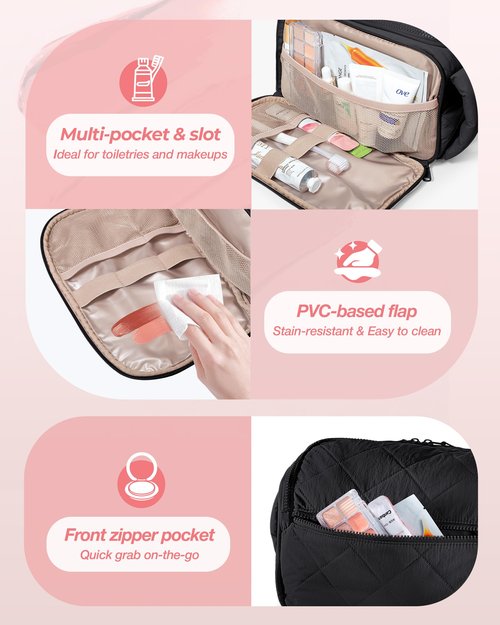 Marscamd Travel Toiletry Bag for Women, Water Resistant Makeup Organizer with Wide-Open Design for Toiletries and Cosmetics, Black (Bag Only)