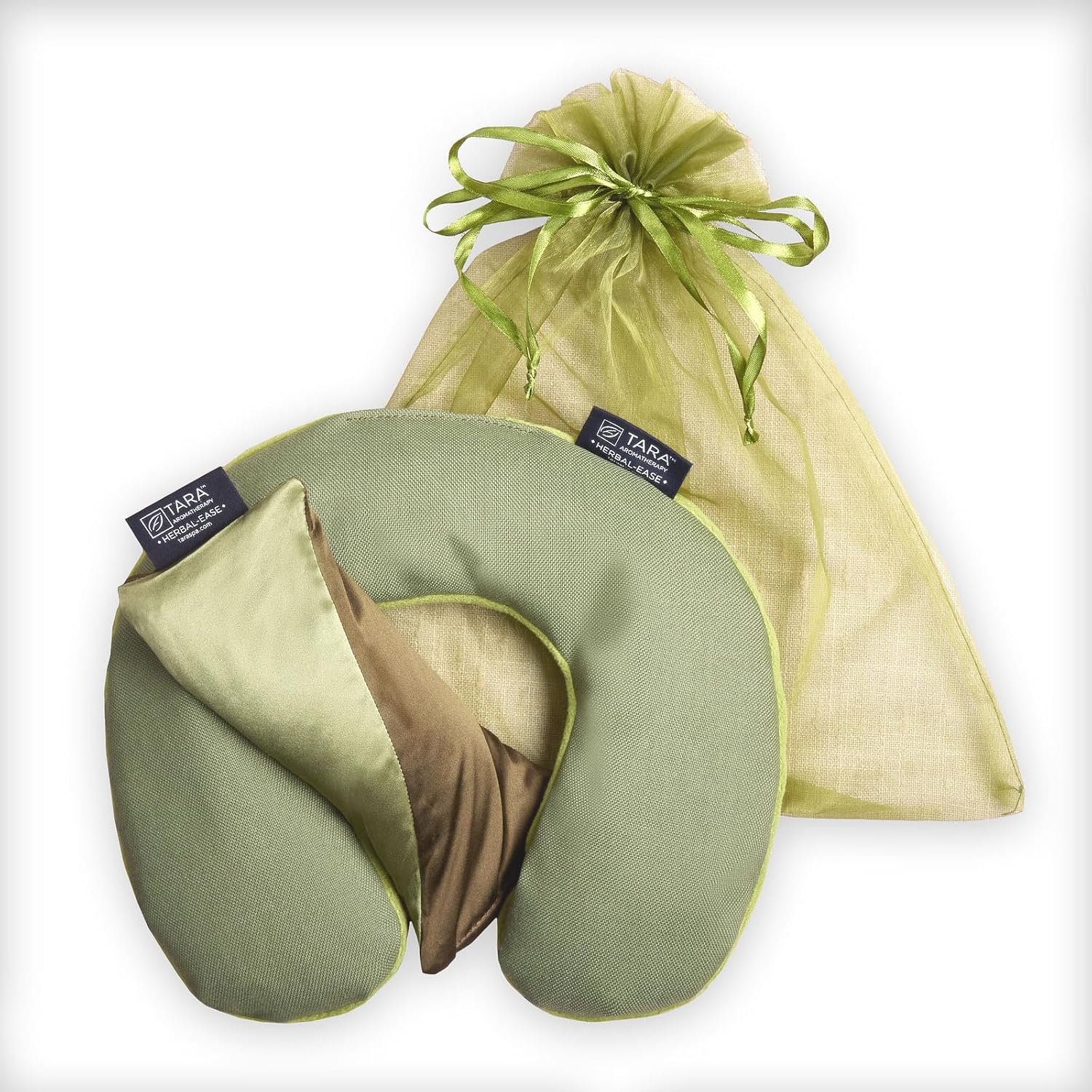 TARA Spa Therapy Aromatherapy Pillow Gift Set - Herbal-Ease Neck & Silk Eye Pillow in Green Olive