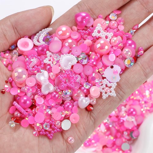 50g Dark Pink Flatback Rhinestones Pearls for Bedazzling, 3-8mm Flatback Rhinestone Gems, 2-10mm Pearls Beads, Moon Star Heart Bowknots Pearl Nail Charms for Crafts DIY Clothes Tumblers