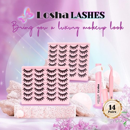 Losha Lashes Spiky Manga Lashes 14 Pairs Anime False Eyelashes 8D Wispy Eye Lashes Kit with Lash Glue and Lash Tweezers Natural Soft Fake Eyelashes (Cutes)
