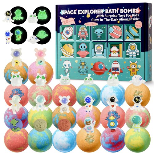 20 Pack Galaxy Bath Bombs for Kids with Space Explorer Toys, Cosmic Adventure Kids Bath Bombs with Astronauts, Rockets, Planets & Glow-in-The-Dark Aliens Inside,End-of-School Year Gifts
