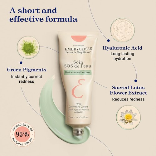 Embryolisse SOS Corrective Cream - Anti-Redness Face Moisturizer & Makeup Primer with Hyaluronic Acid | 1.01 Fl Oz