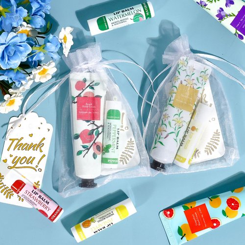 AZEN 24 Sets Bulk Gifts, Hand Cream and Lip Balm Bulk Set with Organza Bag Thank You Card, Baby Shower Wedding Gifts for Guests, Bridal Wedding Favors, Valentines Gift for Women