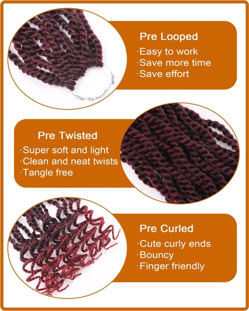Burgundy Senegalese Twist Crochet Hair for Black Women 24 Inch 8 Packs Pre Looped Kinky Twists Crochet Braids with Curly Ends Short 2 Strand Rope Twists (Tbug)
