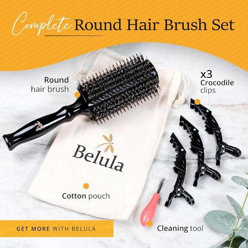 Belula Boar Bristle Round Hair Brush - 2.7” Wooden Barrel for Volume & Body | Free Clips & Travel Bag