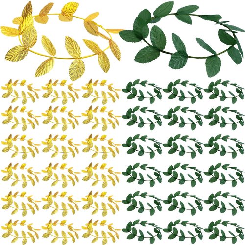 Suncalla 40 Pcs Greek Headband for Toga Party, 7.28 Inch Gold and Green Laurel Wreath Headbands, Greek Roman Goddess Headbands, Golden Leaf Crown Headpiece for Women, Toga Party Decor and Photo Props