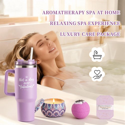 Birthday Gifts for Women, Self Care & Get Well Soon Gift Baskets, Lavender Relaxing Spa Care Package with 40oz Tumbler & Flannel Blanket, Encouragement Thinking of You Gifts for Her, Girl, Mom, Friend