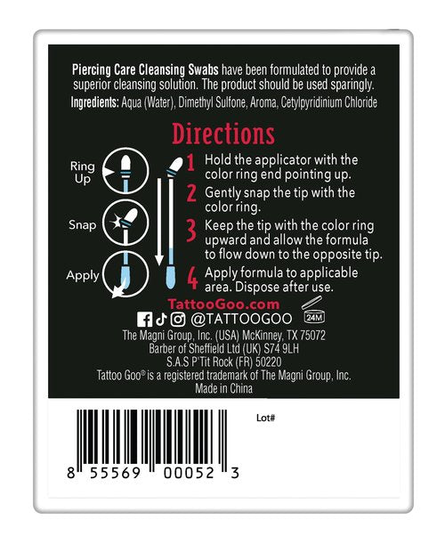 Tattoo Goo Piercing Care Cleansing Swabs, 24 Count, Medicated Cotton Swabs with No Alcohol, Oral & Dermal Aftercare, Antiseptic Formula, Helps Prevent Infection, Irritation and Scarring