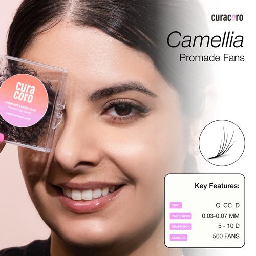 Curacoro Camellia Promade Fans - Handmade Volume Promade Eyelashes Fans 5D to 10D, C CC D Curl, Thickness 0.03~0.07mm, 7-14mm Mix Lengths, Professional Long-Lasting Promade Lash Fans