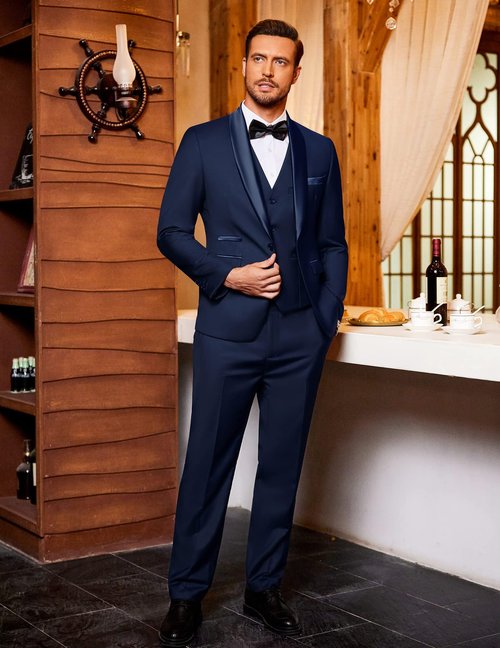 COOFANDY Mens Suit Shawl Lapel Tuxedo Wedding Prom Jacket Vest Trousers Bow Tie Navy Blue Large