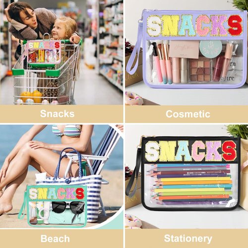 HIGH FIT Snack Bags Pouch Travel Makeup Bag Chenille Letter Patch - Waterproof Nylon Clear Cosmetic Bag/Tote Bag/Makeup Travel Bag/for Women Girls (Snack-White)