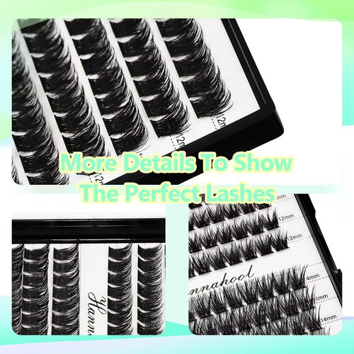 Hannahool 12rows-Large Tray Mixed 8-10-12-14-16mm/Mixed 14-15-16mm/Mixed14mm-16mm/Mixed 18-20mm Wide Stem Individual False Eyelashes Dramatic Black Cluster Eyelashes (Lashes Kit-12-14MM)