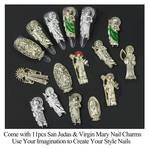 11PCS San Judas Nail Charm Virgin Mary Nail Charms San Judas Tadeo Charms for Acrylic Nails 3D Metal Alloy Nail Art Rhinestones for Women DIY Nails Decoration