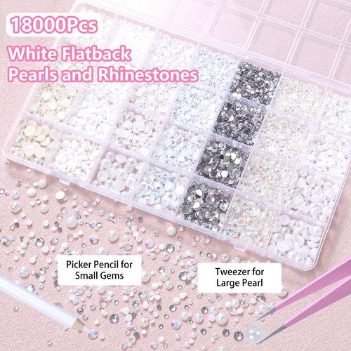 Pearls and Resin Rhinestones for Crafting, 28 Grids White Bedazzling Gems Kit 3/4/6/8mm Half Pearls, 3/4/5/6mm Jelly Resin Rhinestones for Nails Face Eyes Makeup Crafts