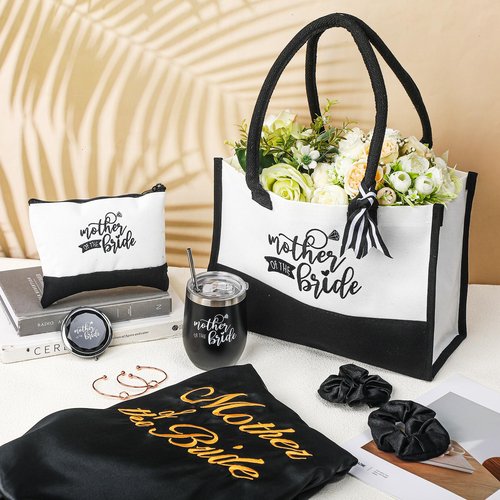 Suhine 14 Pcs Mother of The Bride and Groom Gifts Set Wedding Satin Robe Canvas Tote Bag with Makeup Bag 12 oz Tumbler Cup Small Makeup Mirror Scrunchies Knot Bracelet Wedding Gift for Mom(Black)