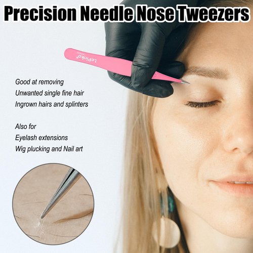 2PCS Tweezers Set for Women and Men, Precision Tweezer kit for Ingrown hair, Facial Hairs, Chin Hair, and Splinter Removal, Professional Eyebrow Plucker Tweezers, Pink