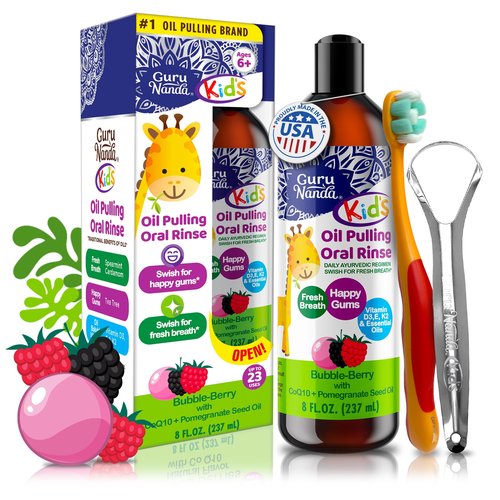 GuruNanda Kids Oil Pulling, Alcohol-Free Mouthwash, Essential Oils & Vitamins for Fresh Breath & Happy Gums for Ages 6 & up, Natural Bubble Berry, 8 Oz