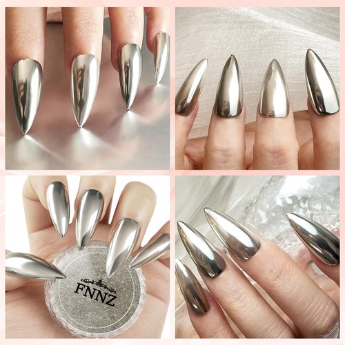 FNNZ Chrome Nail Powder, Champagne Silver Metallic Nail Powder Pigment Premium Mirror Effect Salon Nail Art Glitter Dust for Gel Polish Decoration Home DIY Nail Manicure Supplies