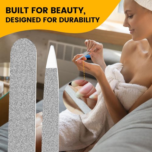 BEZOX Metal Nail File Kit - 2PCS Professional Stainless Steel Long Nail Files & Buffers for Natural/Acrylic Nails, Professional Fingernail Files and Buffers for Salon & Home Use - Silver