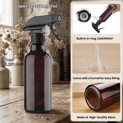 Hethyo Glass Spray Bottles 12oz Empty Spray Bottle Mist/Stream Spraying Small Refillable Containers for Hair Care, Cleaning Solutions, Plants, Essential Oils 2 Pack (Brown, 12oz)