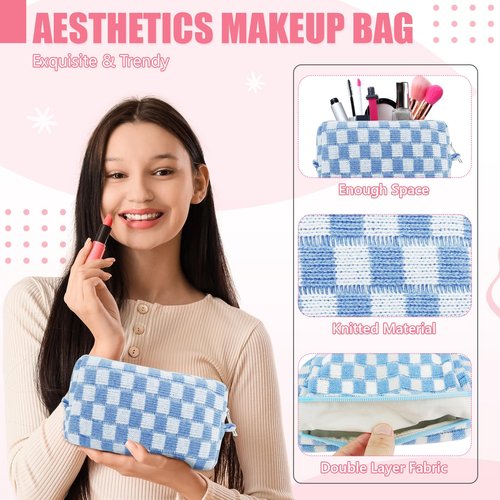 Giesiery 8 Pcs Checkered Makeup Bag Bulk Cosmetic Organizer for Women & Teens Preppy Travel Toiletry Pouch for Skincare & Brushes Bridesmaid Proposal Gifts (24, Pastel Color)