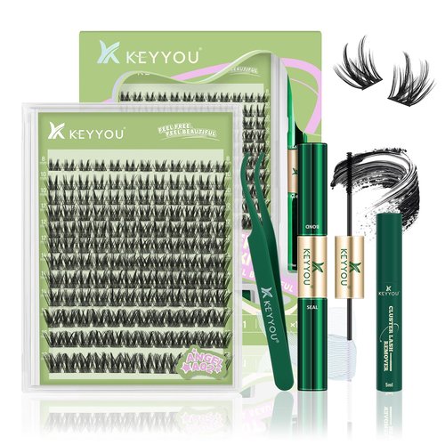 KEYYOU LASH Extension Kit 144Pcs Angel Lash Clusters Kit Thick Eyelash Extension Kit with Glue and Seal,Tweezers,Remover for DIY lash extension kit at Home（Kit-Angel A02-D-8-18MIX）