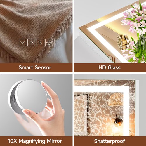 MINISO Vanity Mirror with Lights,37.4"x25.6"LED Makeup Mirror with Bluetooth Speaker,Touch Sensor,3 Light Colors,Dimmable,Metal Frame,with 10X Magnifying Glass,Rectangular White