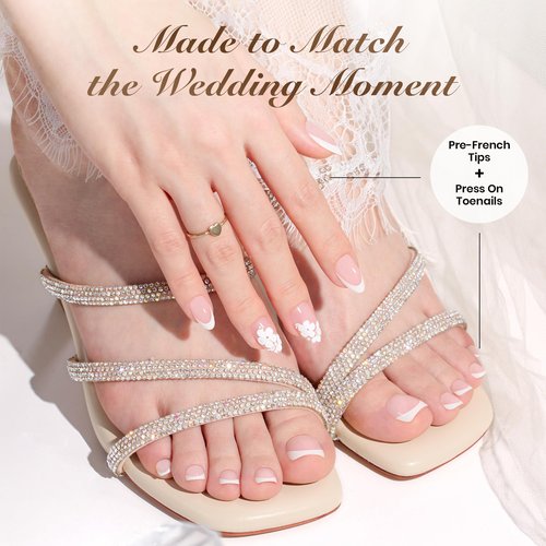 Beetles French Tip Press On Nails - Wedding Beauty Box | Short Almond Press On Nails Kit | 16 Sizes 224 Pcs All-in-One Kit With Nail Glue,Builder,Top Coat,Nail Lamp,Nail Tools Gift