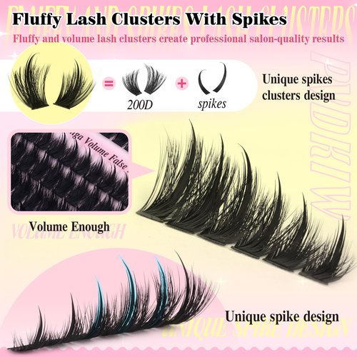 PVDKIW Fluffy Lash Clusters Kit with Bottom Lashes Spikes Eyelashes Manga Eyelash Clusters 12-22MM Volume Lash Extension Kit with Bond and Seal Lash Glue Lash Tweezers DIY at Home for Beginner