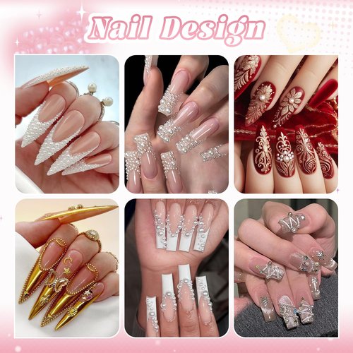 Flatback Pearls (White) and Metal Nail Beads (Silver+Gold) with Rhinestones Glue Gel for Nail Art, Pearl Nail Charms and Round Caviar Beads Nail Accessories for Acrylic Nail Tips Manicure Decor