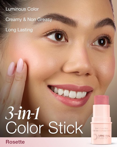 Mineral Fusion 3-in-1 Color Stick - Hydrating Cream Blush Tint for Cheeks, Lips & Eyes - Natural Rosette