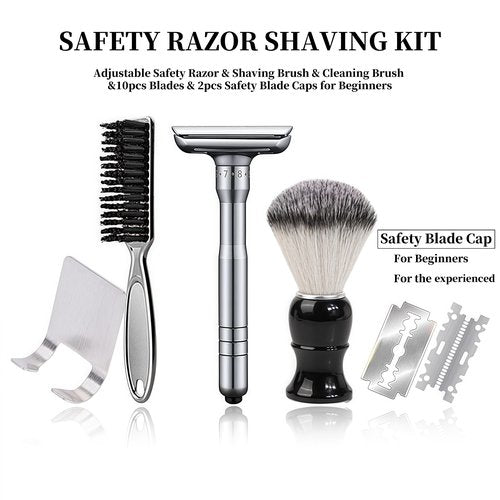 Adjustable Double Edge Safety Razor Shaving Kit for Men & Women - Shaving Brush, 10 Relacement Blades, Cleaning Brush & Razor Holder, Gift for Him, Boyfriend, Dad, Husband
