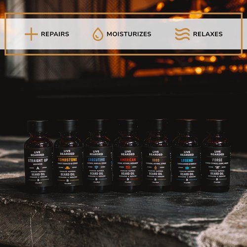 Live Bearded Beard Oil, 1 fl oz - Premium All-Natural Jojoba - Made in the USA - Hair and Skin Care for Men with Dry, Flaky Patches | Forge Scent - Hinoki Cypress, Clove, Amber